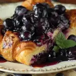 Buttery croissant topped with glossy blueberry compote, served on a decorative plate with fresh mint and whole blueberries.
