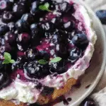 Close-up of a creamy blueberry goat cheese dip topped with fresh blueberries and herbs, served on a rustic plate with drizzled blueberry compote.