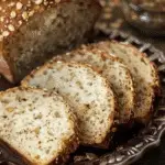 Sliced multigrain bread with a golden crust topped with oats and seeds, served on an ornate metal plate with a jar of grain mix in the background.