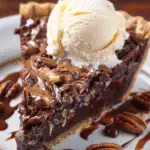 Slice of rich brownie pecan pie topped with a scoop of vanilla ice cream, drizzled with chocolate and caramel sauce, and garnished with pecans.
