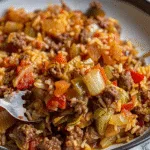 Plate of Cajun cabbage jambalaya with ground beef, sausage, rice, tomatoes, onions, and peppers.