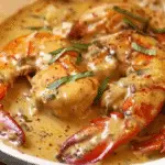 Close-up of crawfish in a creamy Cajun sauce, garnished with fresh herbs and red pepper flakes in a white skillet.