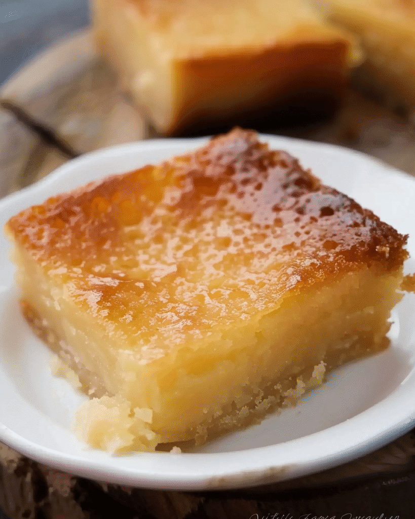 A slice of golden-brown cassava cake with a glossy, caramelized top and dense, moist interior, served on a small white plate.