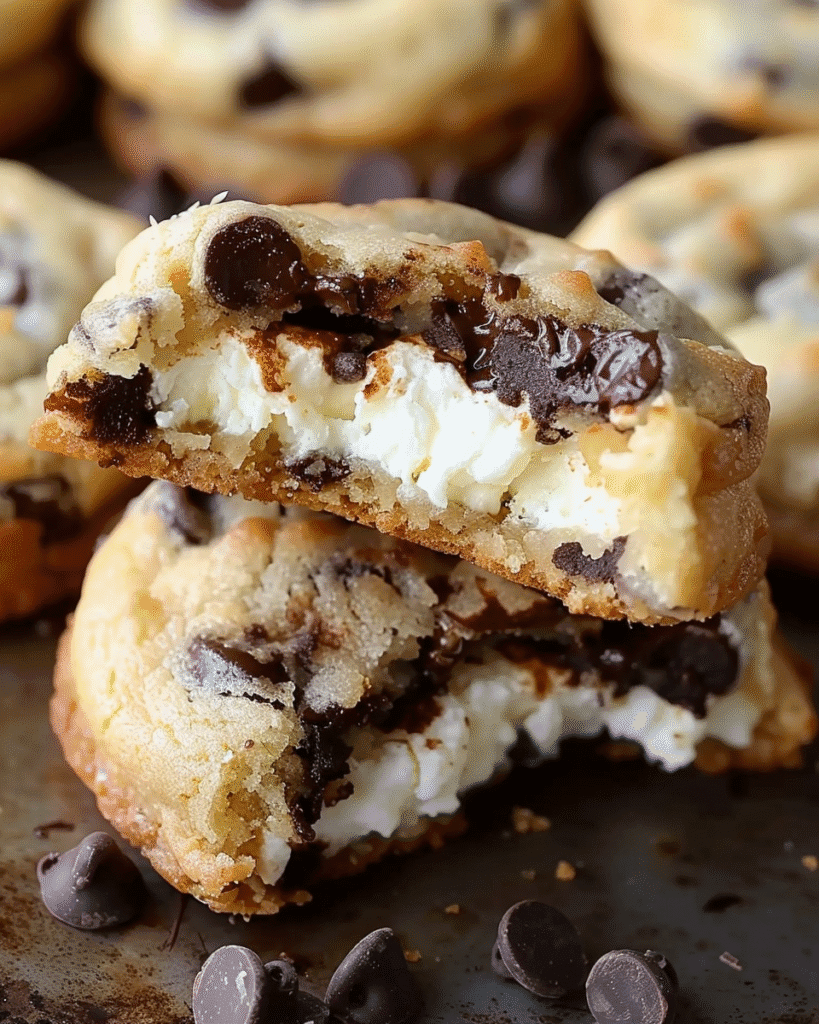 Stacked cheesecake-stuffed chocolate chip cookies broken in half, revealing a soft cookie exterior and a creamy cheesecake and chocolate chip filling.