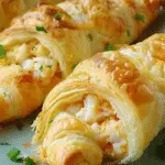 Flaky crescent rolls stuffed with a creamy crab and cheese filling, garnished with chopped herbs on a white plate.