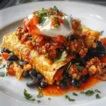 Plated serving of cheesy Dorito chicken casserole topped with ground meat, black beans, corn, diced tomatoes, sour cream, and chopped cilantro.