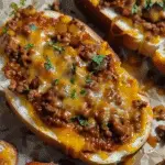 Slices of toasted bread topped with cheesy Sloppy Joe mixture, melted cheddar, and chopped parsley.