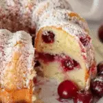 A sliced cherry almond Bundt cake dusted with powdered sugar, revealing juicy whole cherries baked into a golden, fluffy interior.