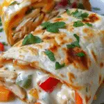 Grilled chicken burrito with melted cheese, diced bell peppers, and creamy ranch sauce, garnished with fresh herbs.
