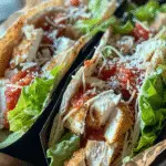 Close-up of two chicken Caesar salad pizza wraps filled with crispy chicken, romaine lettuce, tomato, shredded cheese, and wrapped in flatbread.