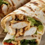 Grilled chicken burritos filled with lettuce, tomato, and drizzled with chipotle ranch sauce, wrapped in toasted flour tortillas.