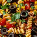 Close-up of Cowboy Pasta Salad with rotini pasta, black olives, corn, tomatoes, ground meat, and chopped cilantro.