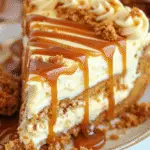 Slice of Biscoff cheesecake with creamy layers, cookie crumble crust, piped cream, and rich caramel sauce dripping down the sides.