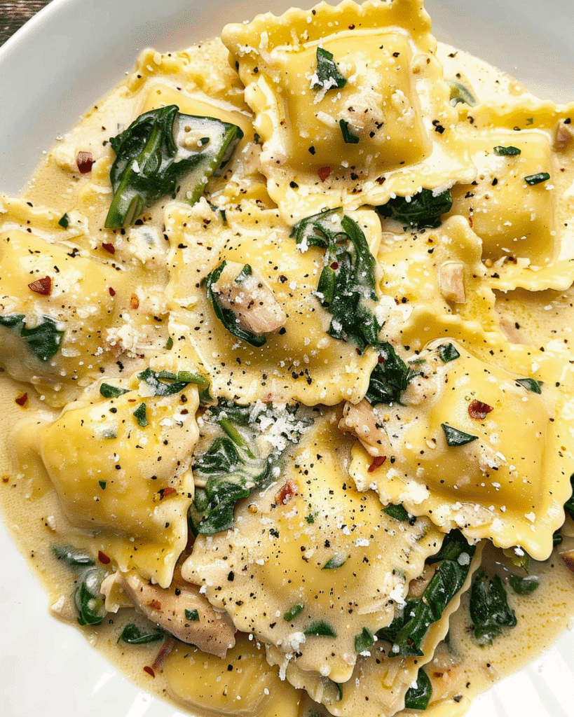 Overhead view of ravioli in a creamy Parmesan sauce with spinach, garlic, and sun-dried tomatoes, garnished with cracked black pepper and grated cheese.