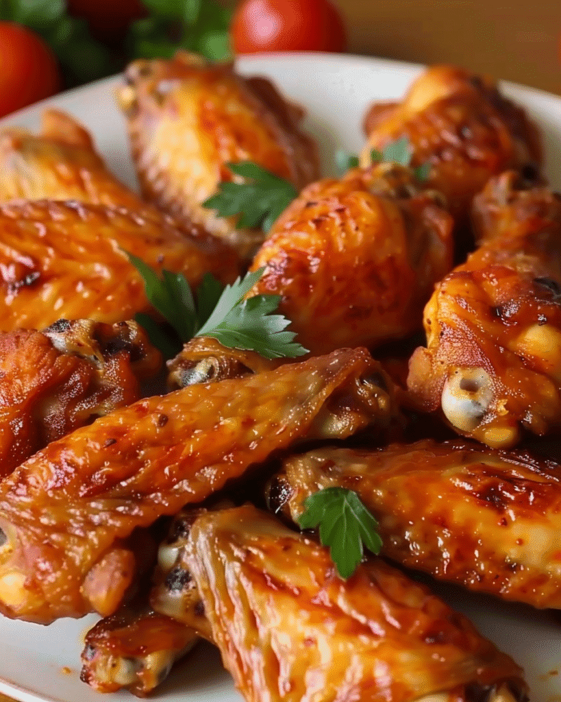 Plate of glazed, golden-brown baked chicken wings garnished with fresh parsley, with cherry tomatoes in the background.