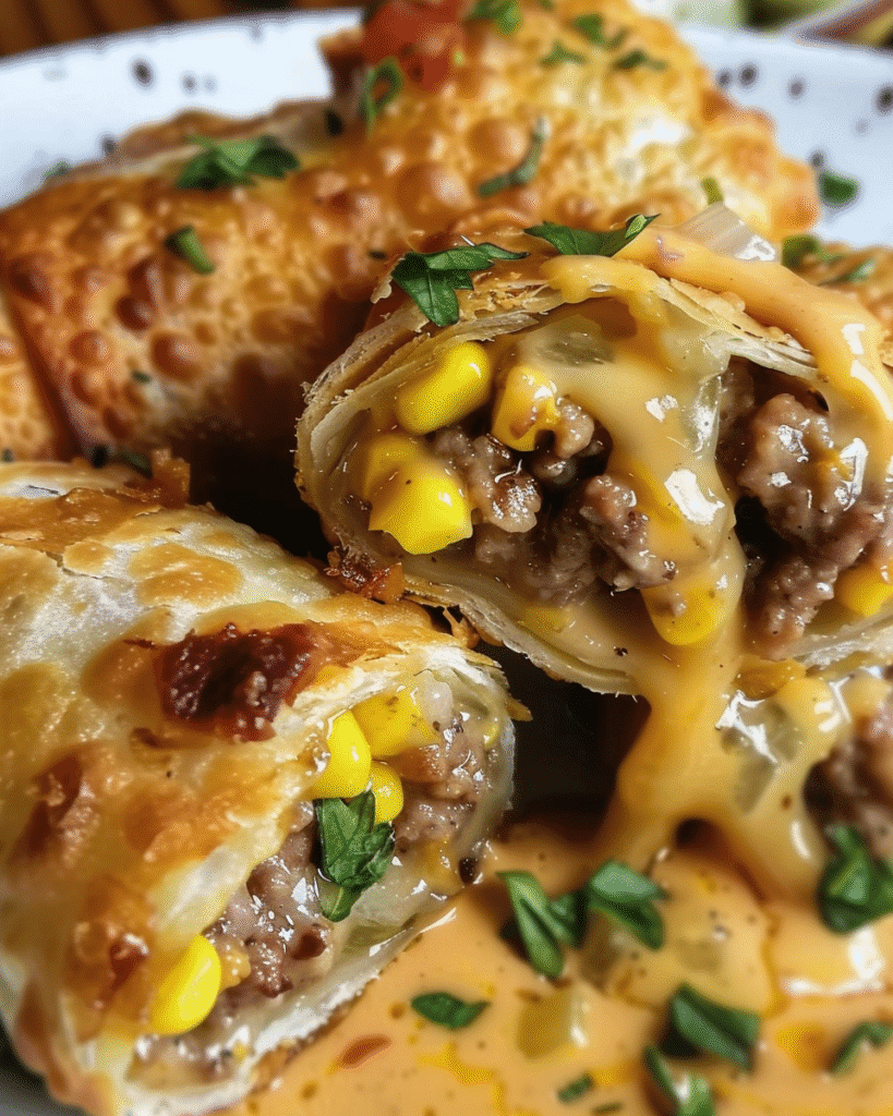 Close-up of golden brown cheeseburger egg rolls cut in half, revealing seasoned beef, melted cheese, and corn, served with a creamy dipping sauce.
