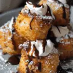 A stack of golden, crispy fried s’mores bites topped with whipped cream, chocolate drizzle, and powdered sugar on a gray plate.