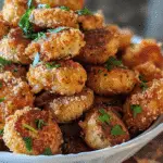 A white bowl filled with golden-brown crispy garlic mushroom bites, garnished with fresh parsley.