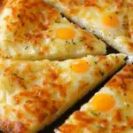 Slices of a golden potato skillet cake topped with sunny-side-up quail eggs and garnished with herbs, arranged in a circular pan.