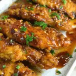 Crispy honey garlic chicken tenders garnished with parsley and sesame seeds, served on a white rectangular plate.