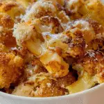 Close-up of crispy roasted cauliflower florets topped with melted cheese and a sprinkle of grated parmesan in a white bowl.