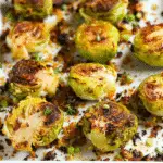 Roasted and crispy smashed Brussels sprouts garnished with herbs and toasted crumbs on a white baking tray.