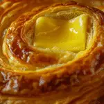 Close-up of golden, flaky stovetop skillet bread with a pat of melted butter in the center.