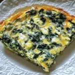 Slice of crustless spinach quiche with melted cheese and chopped spinach on a white decorative plate.