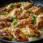 Skillet of golden seared chicken pieces served over creamy garlic parmesan rice and garnished with fresh basil leaves.