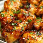 Juicy chicken bites glazed in a spicy-sweet firecracker sauce, garnished with sesame seeds and chopped parsley, served over white rice.