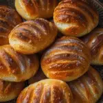 Golden-brown vanilla milk bread rolls with a soft, fluffy texture and lightly dusted tops.