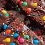 Close-up of fudgy chocolate brownies topped with a smooth chocolate ganache, colorful candy-coated chocolates, and rainbow sprinkles.
