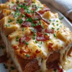 Close-up of cheesy garlic bread topped with melted cheese, roasted mushrooms, and chopped chives.