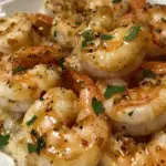 Close-up of succulent garlic butter prawns garnished with herbs and freshly cracked black pepper in a white serving dish.