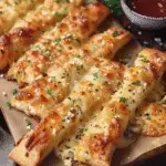 Golden, cheesy garlic Parmesan breadsticks on a parchment-lined sheet pan, garnished with chopped parsley and served with a side of marinara sauce.