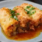 Two golden-fried chicken chimichangas topped with chopped cilantro and served with a savory sauce on a white plate.