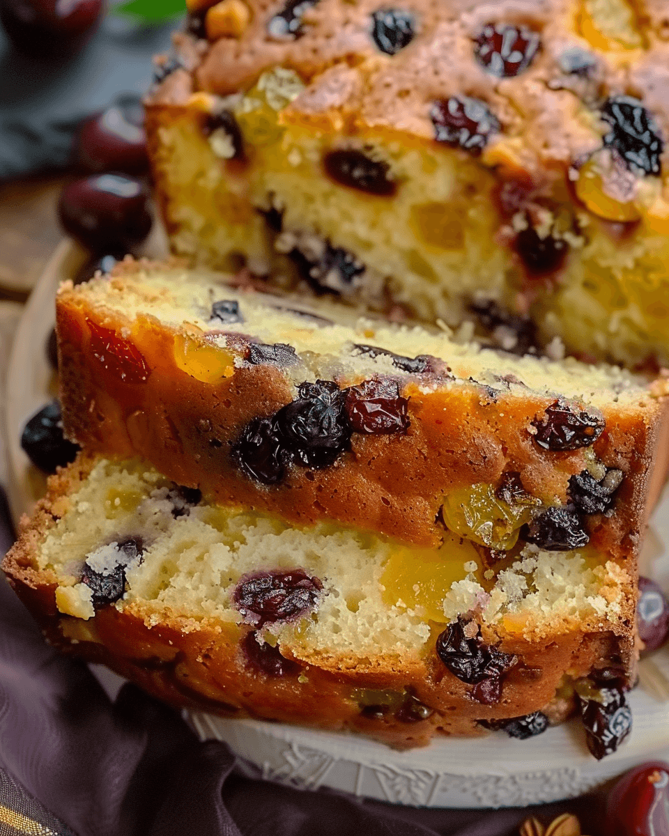 Sliced golden raisin and berry fruit cake filled with colorful dried fruits, displayed on a white platter.