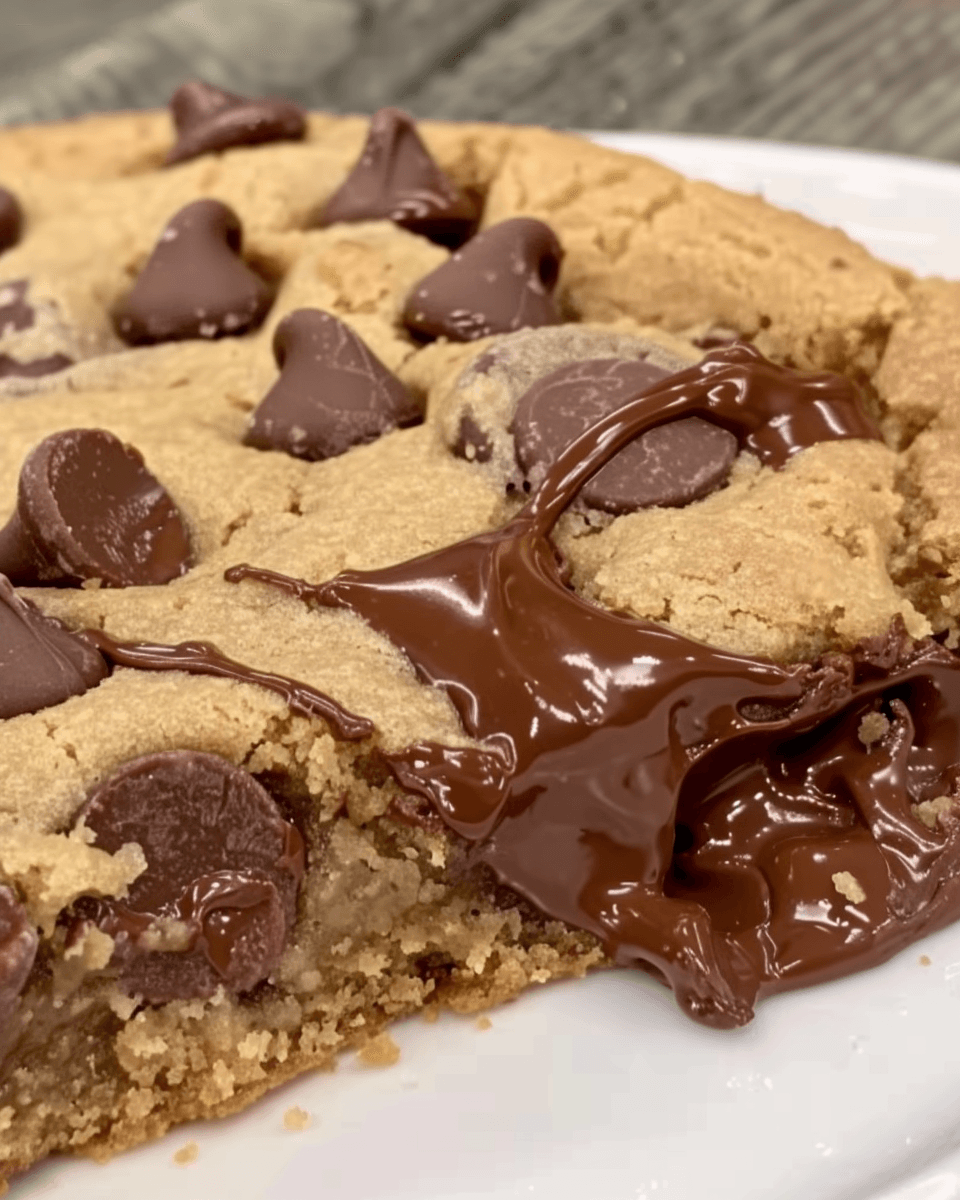 Thick chocolate chip cookie pie with gooey Nutella swirls and melted chocolate chips on a white plate.