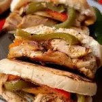 Close-up of grilled chicken fajita sliders filled with sliced chicken breast, sautéed bell peppers, and onions on toasted buns.
