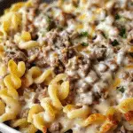 Close-up of a cheesy ground beef stroganoff pasta casserole with rotini noodles, creamy sauce, melted cheese, and garnished with parsley.
