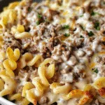 Close-up of a cheesy ground beef stroganoff pasta casserole with rotini noodles, creamy sauce, melted cheese, and garnished with parsley.