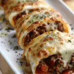 Baked tortilla wraps filled with seasoned ground beef, bell peppers, and melted cheese, garnished with herbs on a white serving platter.