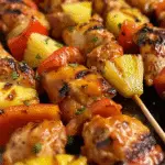 Close-up of grilled chicken and pineapple skewers with red bell peppers, glazed with a tropical BBQ sauce.