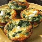 Four baked spinach and feta egg muffins on a yellow plate, garnished with chunks of feta cheese and lightly browned on top.