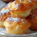 Close-up of golden-brown Nun’s Puffs drizzled with honey butter and lightly dusted with powdered sugar, served on a plate.