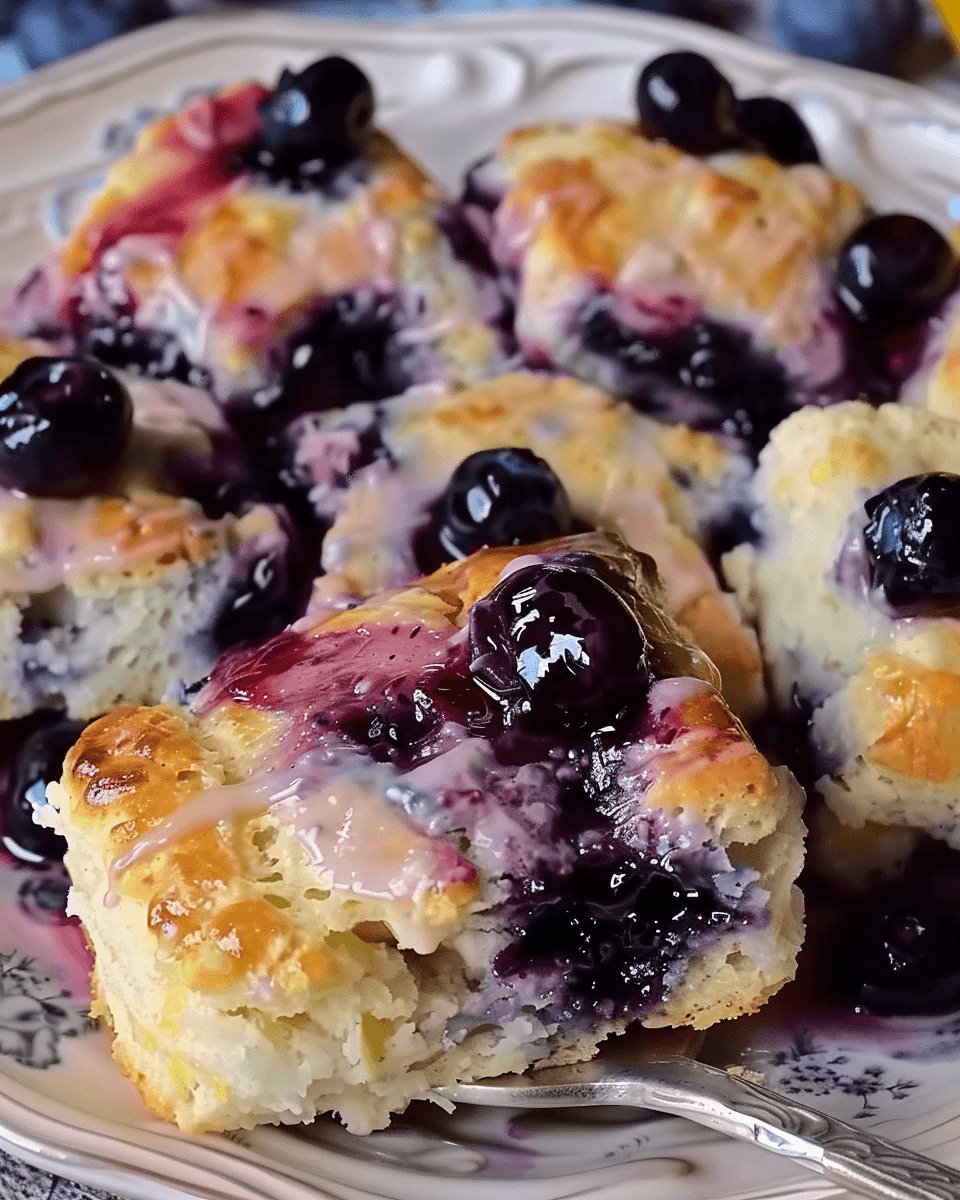 Golden lemon blueberry biscuits topped with glaze and fresh blueberries, served on a decorative plate.
