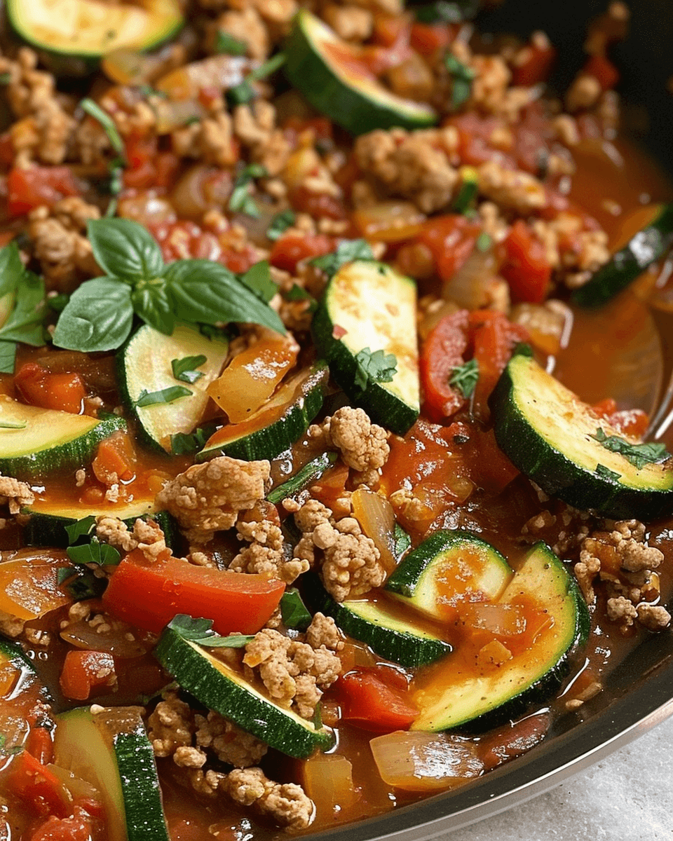 Skillet filled with cooked ground turkey, sliced zucchini, diced tomatoes, bell peppers, and onions in a tomato-based sauce, garnished with fresh basil.