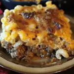 Slice of baked casserole with layers of macaroni and cheese, ground beef, and melted cheddar on a plate.