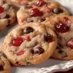 A plate of golden-brown chocolate chip cookies filled with glossy red maraschino cherry pieces and melted chocolate chips.