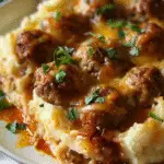A hearty dish of meatballs smothered in rich brown gravy and melted cheese, served over creamy mashed potatoes and garnished with fresh parsley.